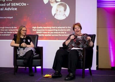 Abigail Hawkins FCCT (The SENsible SENCO) and Lorraine Petersen OBE on stage talking about SENCO workload in a questions and answers session.